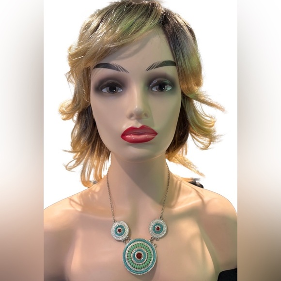 Statement Beaded Mandala Necklace with Turquoise & Red Accents - Picture 3 of 7